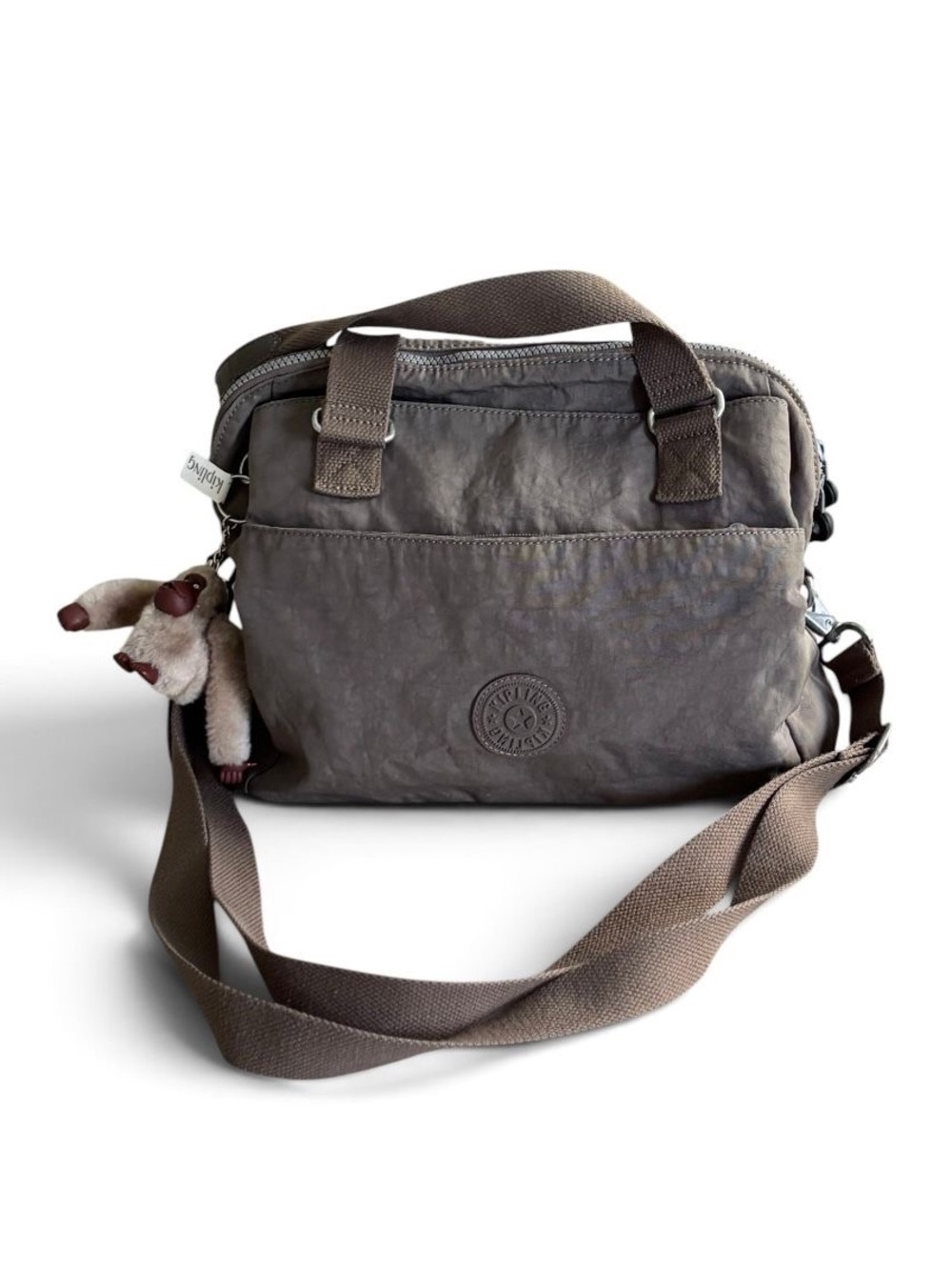 Kipling Taupe Brown Nylon Satchel Crossbody Shoulder Bag with Monkey Keychain